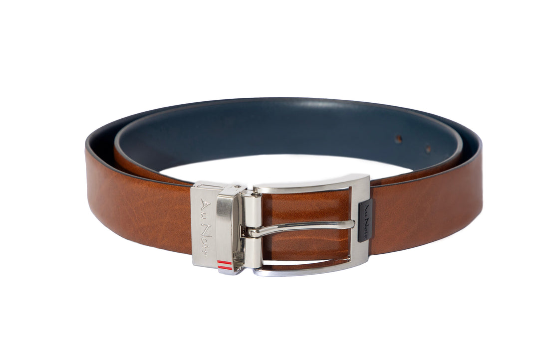 REVERSIBLE BELT | DESOTO BRUSHED NICKLE, tan-navy