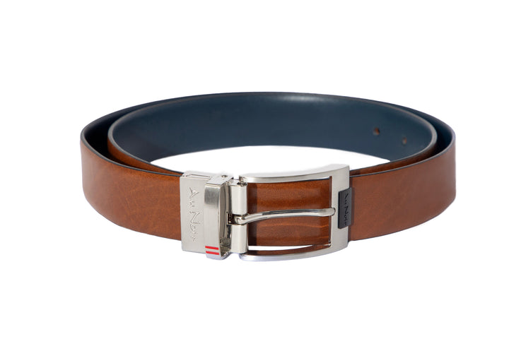 REVERSIBLE BELT | DESOTO BRUSHED NICKLE, tan-navy
