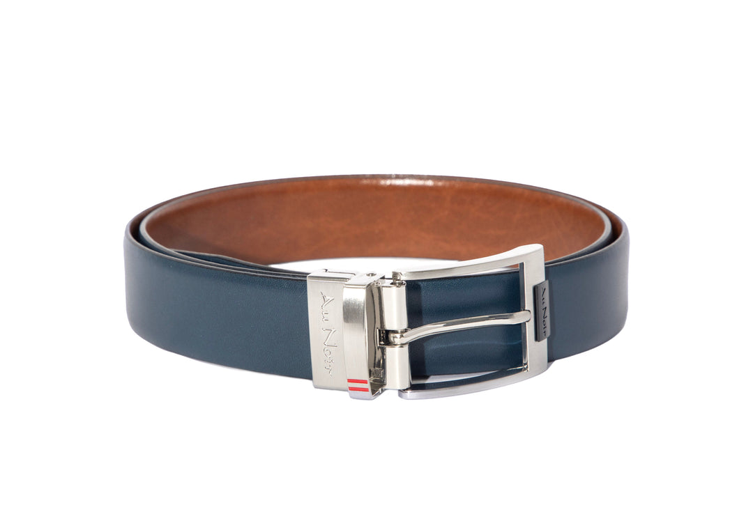 REVERSIBLE BELT | DESOTO BRUSHED NICKLE, tan-navy
